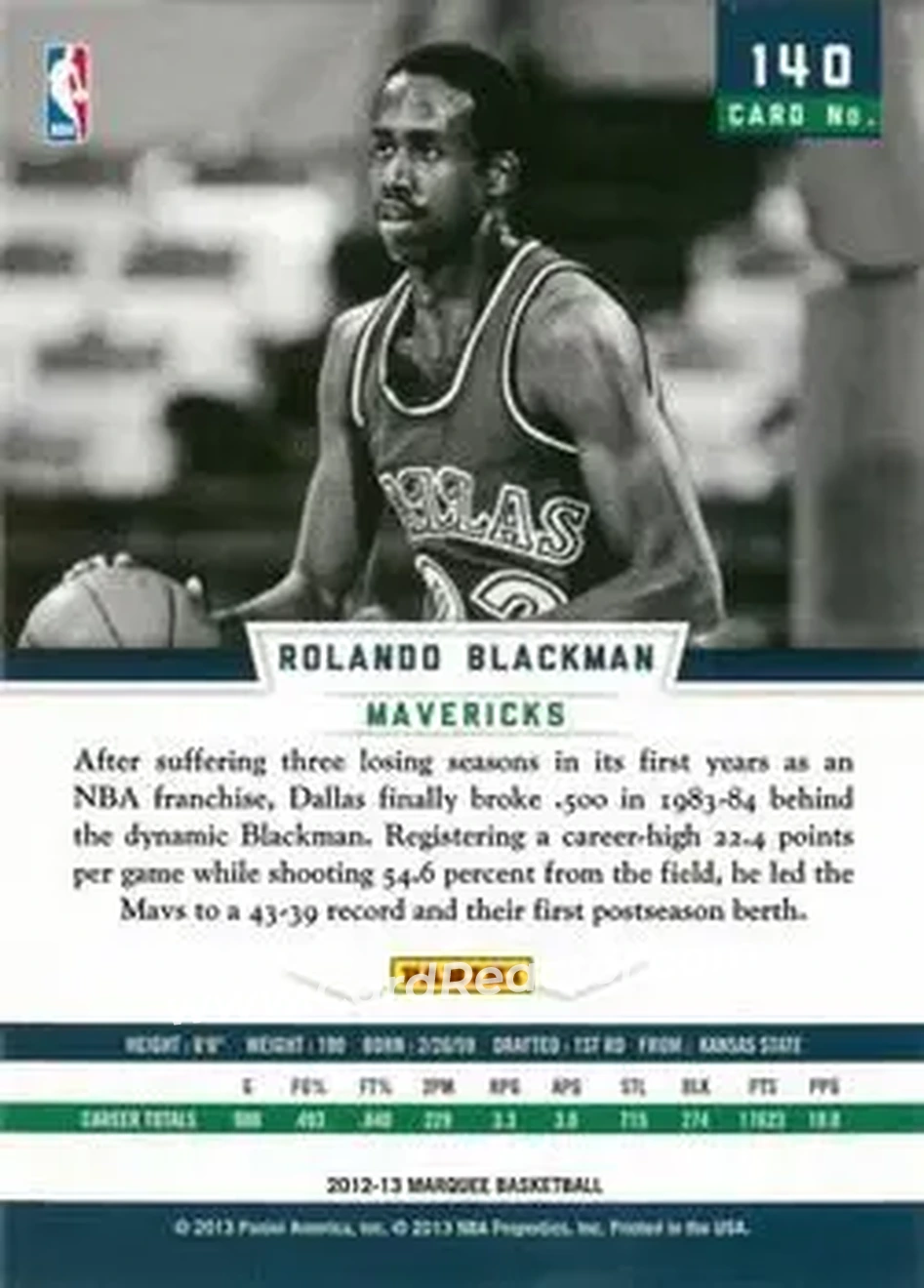2012-13 Panini Marquee #140 - Rolando Blackman - Dallas Mavericks - Back 2012-13 Panini Marquee #140 - Rolando Blackman - Dallas Mavericks - Back