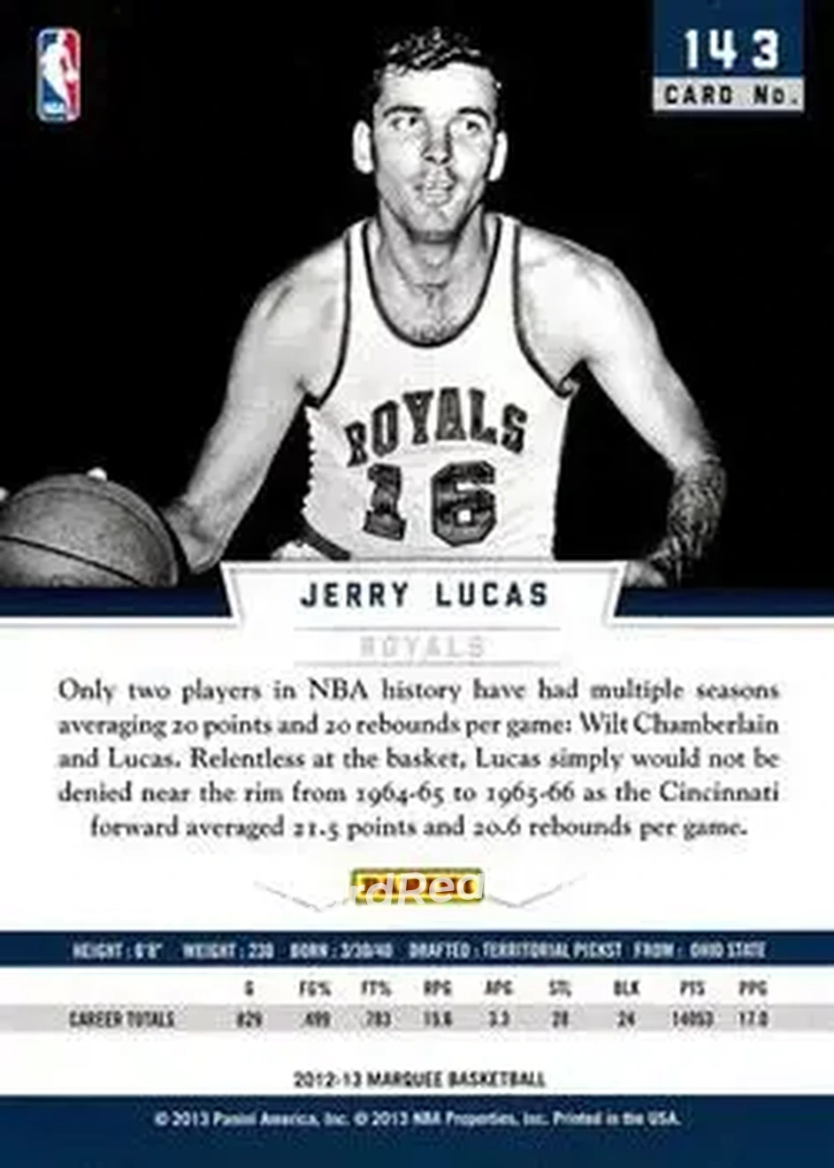 2012-13 Panini Marquee #143 - Jerry Lucas - Cincinnati Royals - Back 2012-13 Panini Marquee #143 - Jerry Lucas - Cincinnati Royals - Back
