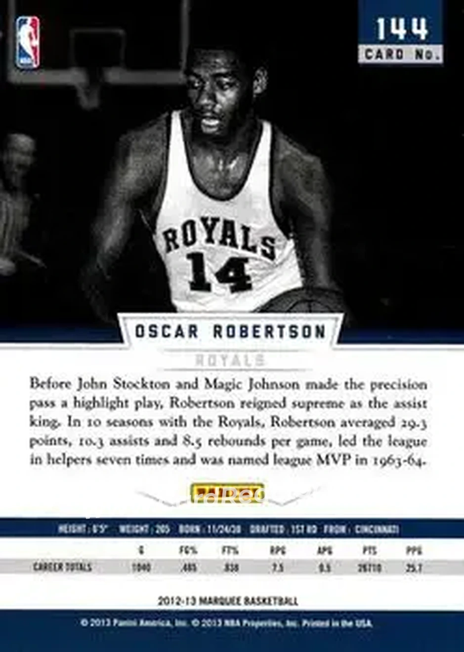2012-13 Panini Marquee #144 - Oscar Robertson - Cincinnati Royals - Back