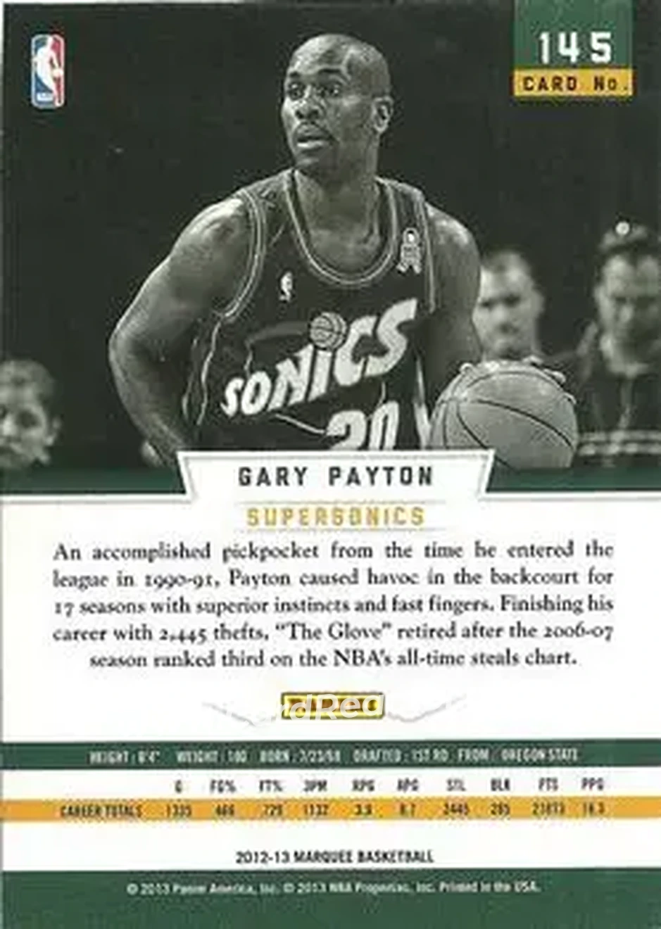 2012-13 Panini Marquee #145 - Gary Payton - Seattle SuperSonics - Back 2012-13 Panini Marquee #145 - Gary Payton - Seattle SuperSonics - Back