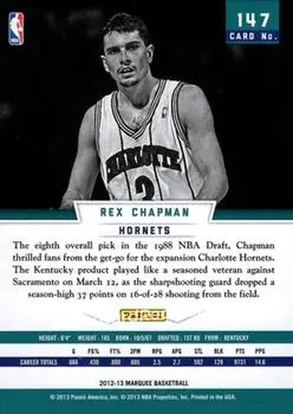 2012-13 Panini Marquee #147 - Rex Chapman - Charlotte Hornets - Back