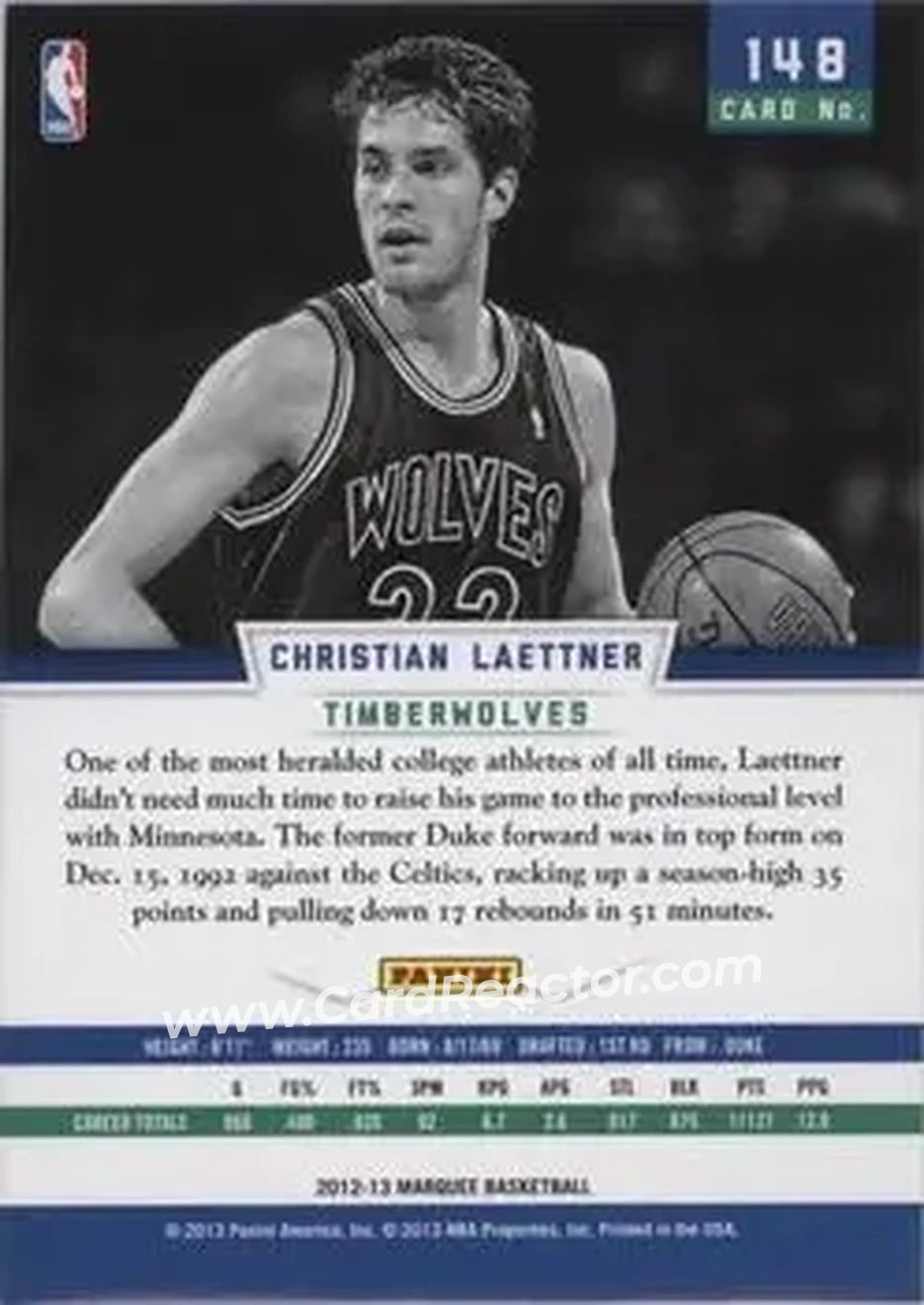 2012-13 Panini Marquee #148 - Christian Laettner - Minnesota Timberwolves - Back