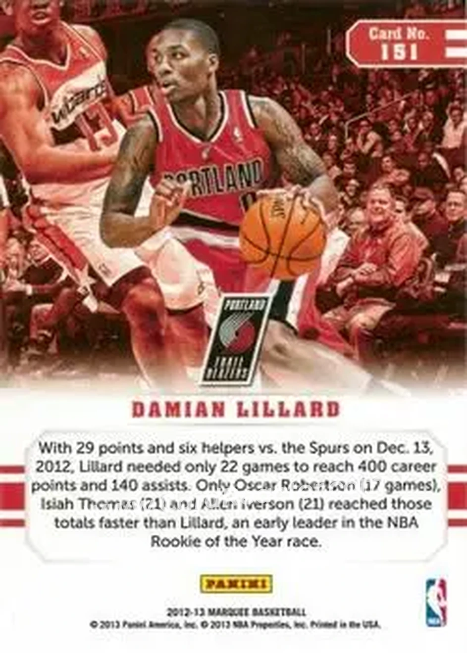 2012-13 Panini Marquee #151 - Damian Lillard - Portland Trail Blazers - Back