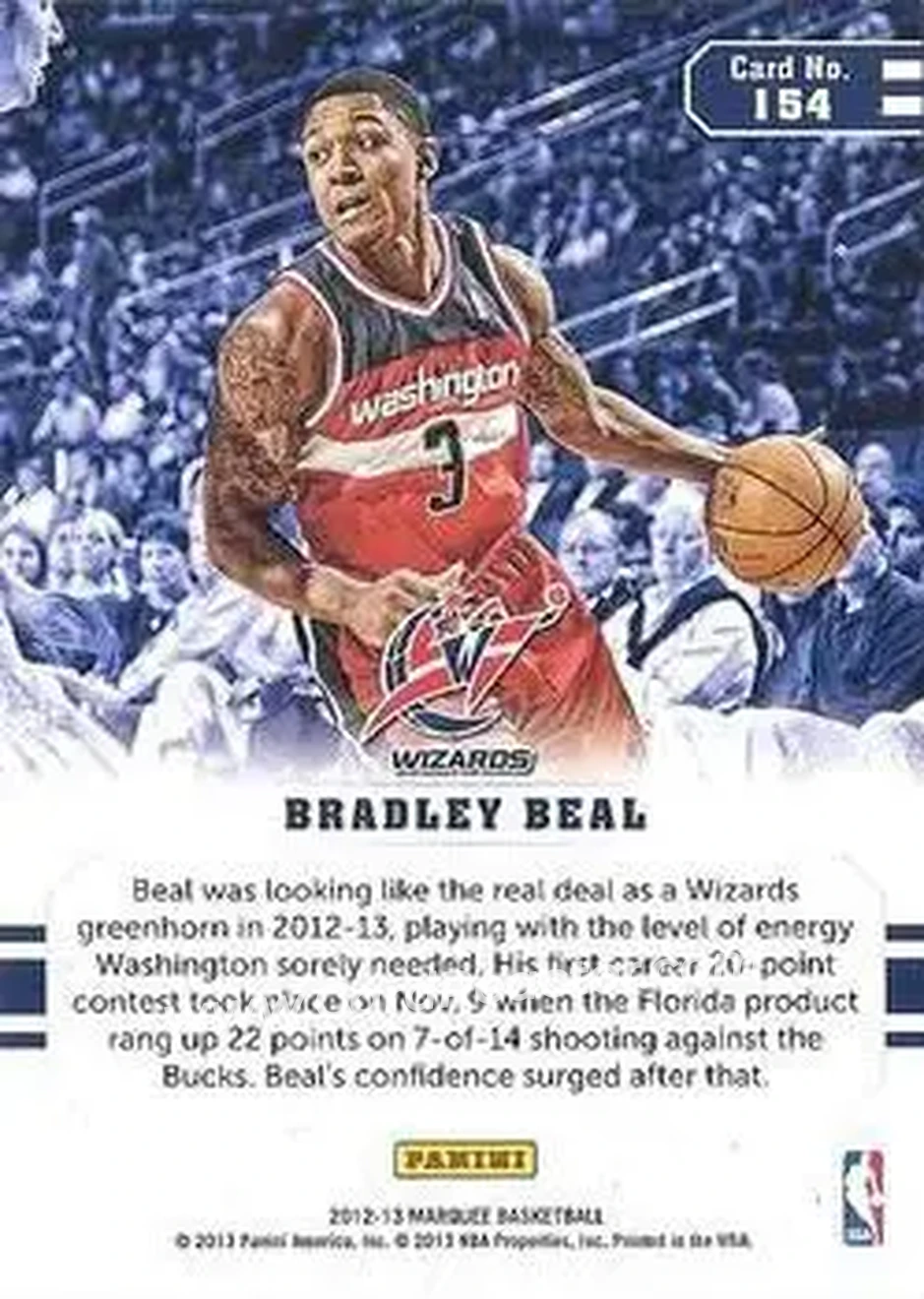 2012-13 Panini Marquee #154 - Bradley Beal - Washington Wizards - Back