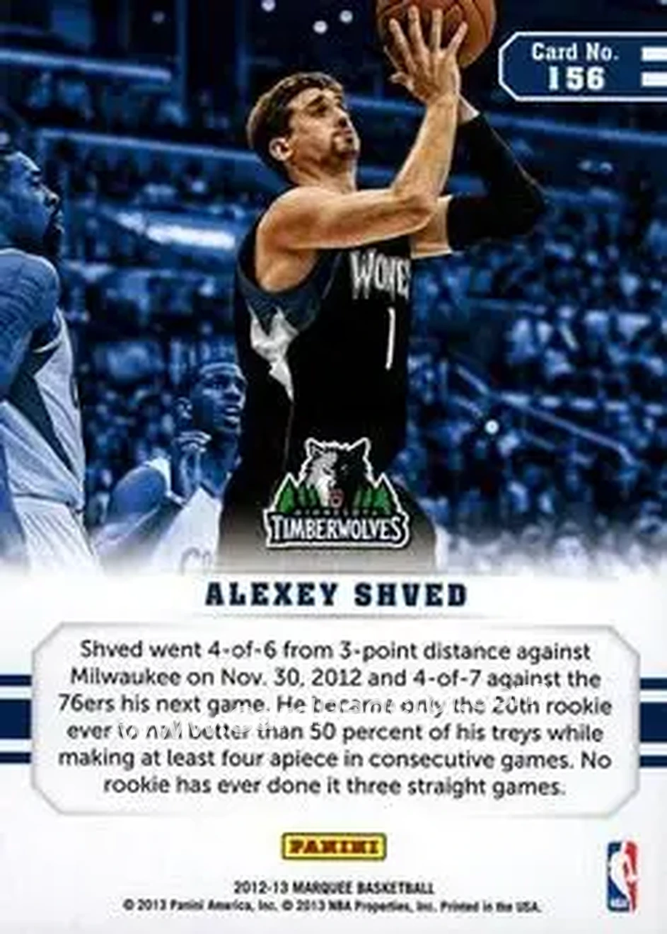 2012-13 Panini Marquee #156 - Alexey Shved - Minnesota Timberwolves - Back