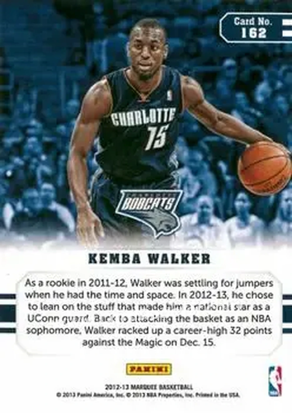 2012-13 Panini Marquee #162 - Kemba Walker - Charlotte Bobcats - Back