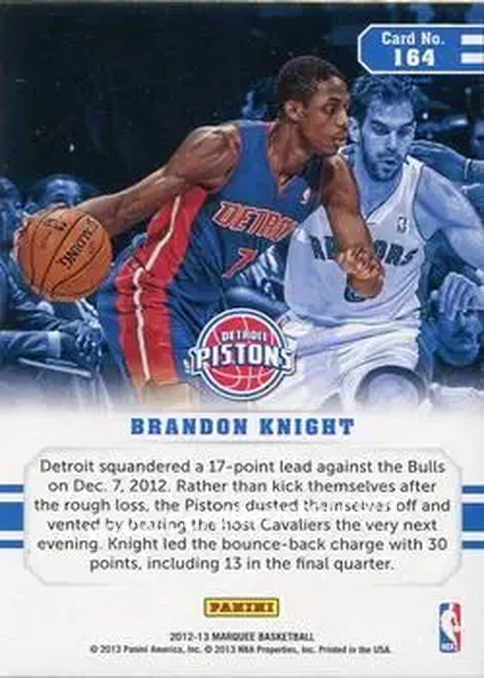 2012-13 Panini Marquee #164 - Brandon Knight - Detroit Pistons - Back