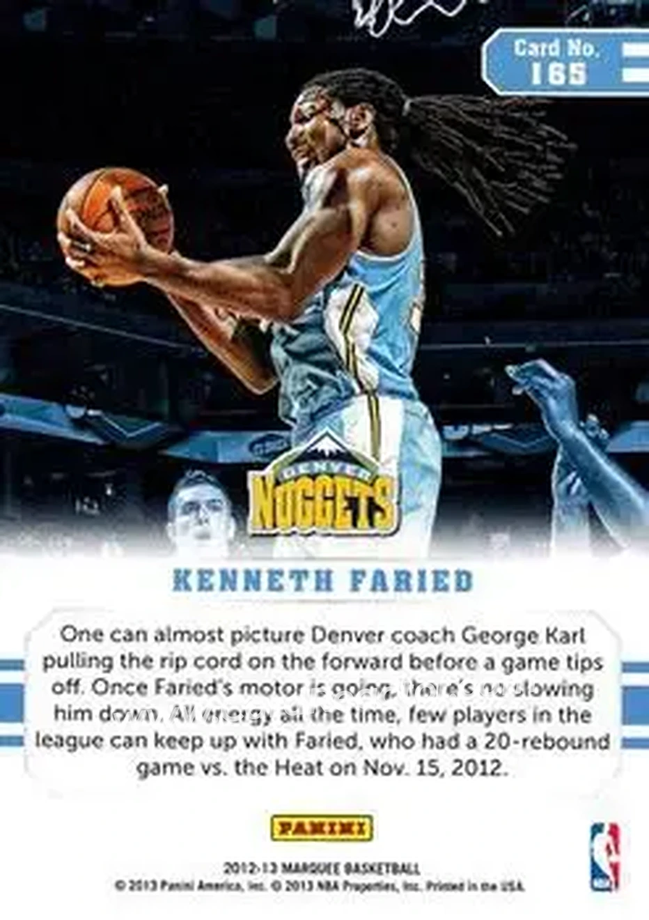 2012-13 Panini Marquee #165 - Kenneth Faried - Denver Nuggets - Back
