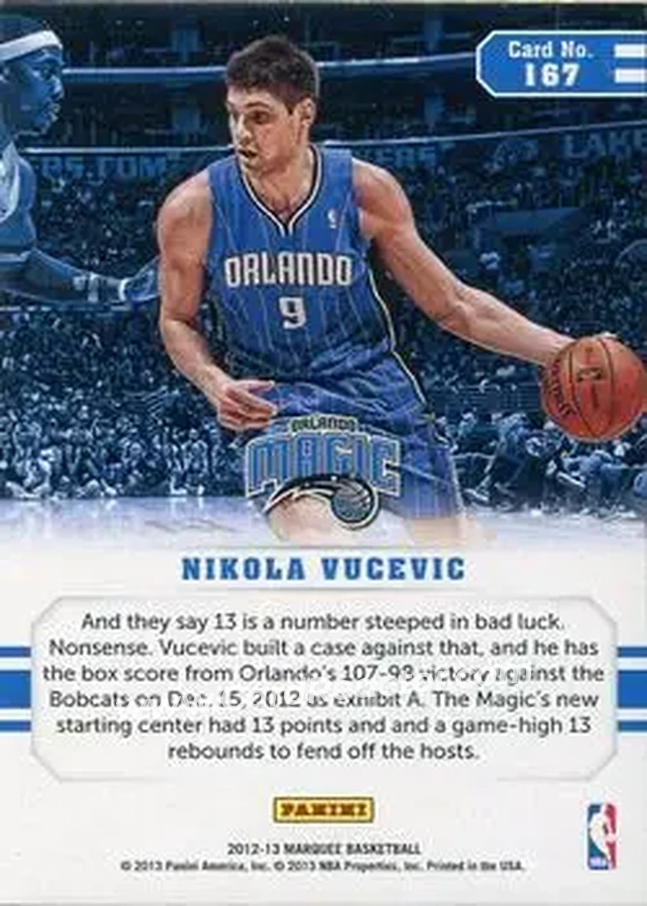 2012-13 Panini Marquee #167 - Nikola Vučević - Orlando Magic - Back