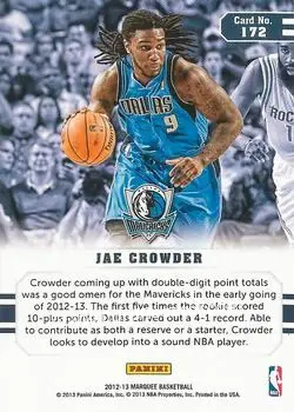 2012-13 Panini Marquee #172 - Jae Crowder - Dallas Mavericks - Back