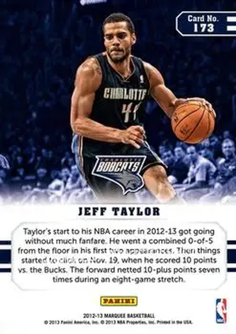 2012-13 Panini Marquee #173 - Jeffery Taylor - Charlotte Bobcats - Back 2012-13 Panini Marquee #173 - Jeffery Taylor - Charlotte Bobcats - Back