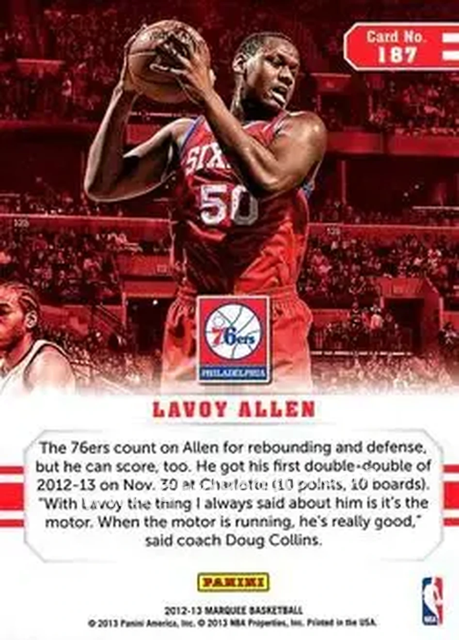 2012-13 Panini Marquee #187 - Lavoy Allen - Philadelphia 76ers - Back