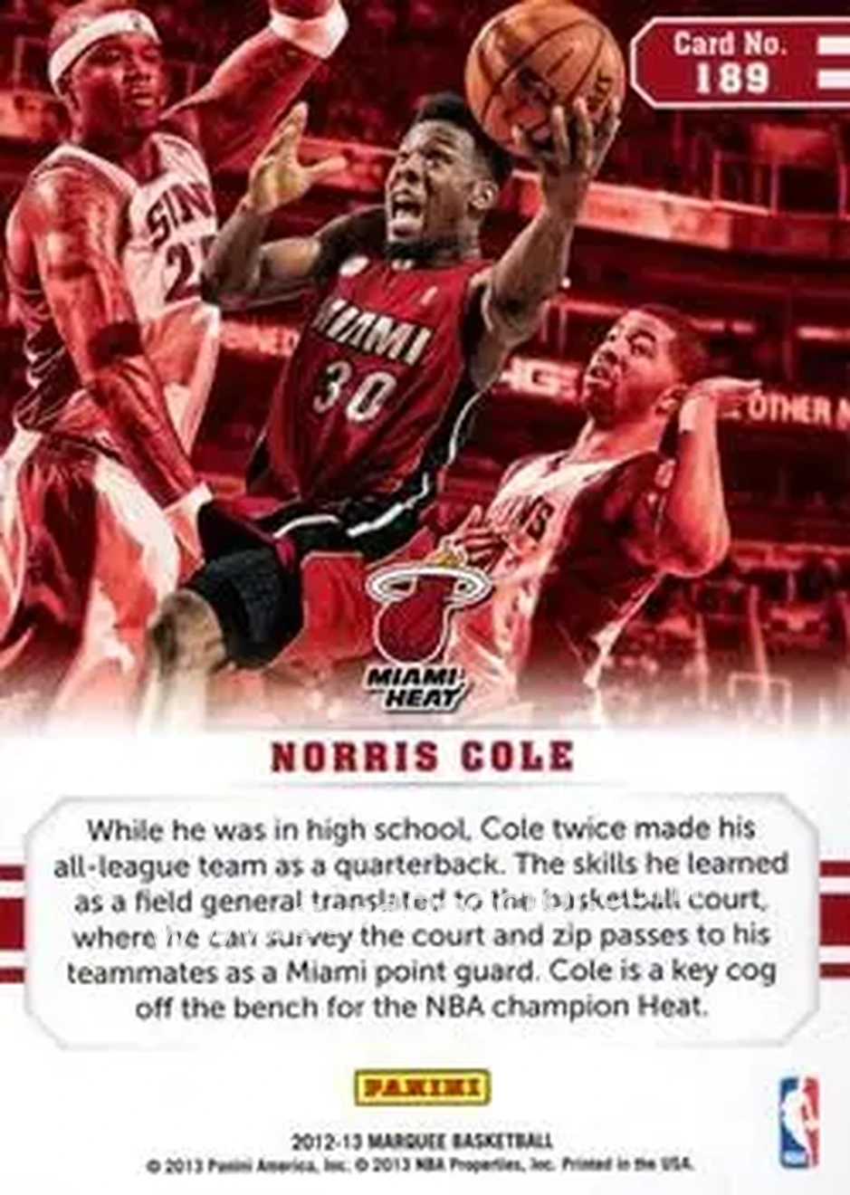 2012-13 Panini Marquee #189 - Norris Cole - Miami Heat - Back 2012-13 Panini Marquee #189 - Norris Cole - Miami Heat - Back