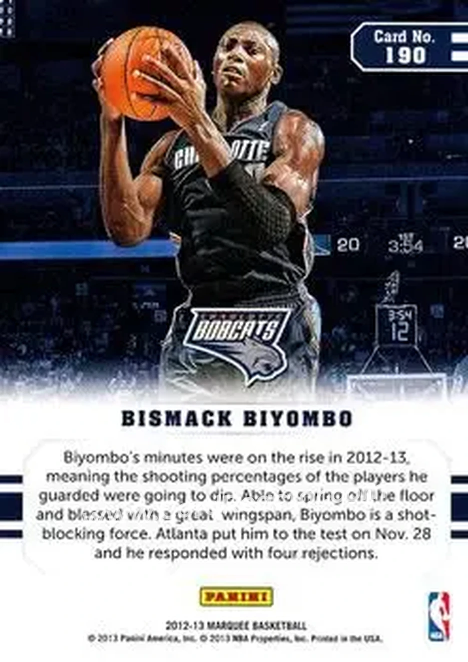 2012-13 Panini Marquee #190 - Bismack Biyombo - Charlotte Bobcats - Back