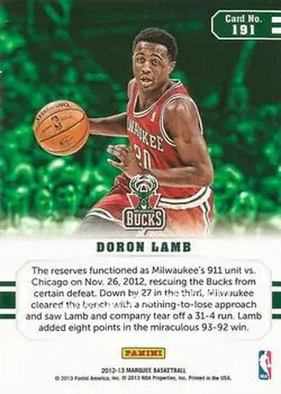 2012-13 Panini Marquee #191 - Doron Lamb - Milwaukee Bucks - Back 2012-13 Panini Marquee #191 - Doron Lamb - Milwaukee Bucks - Back