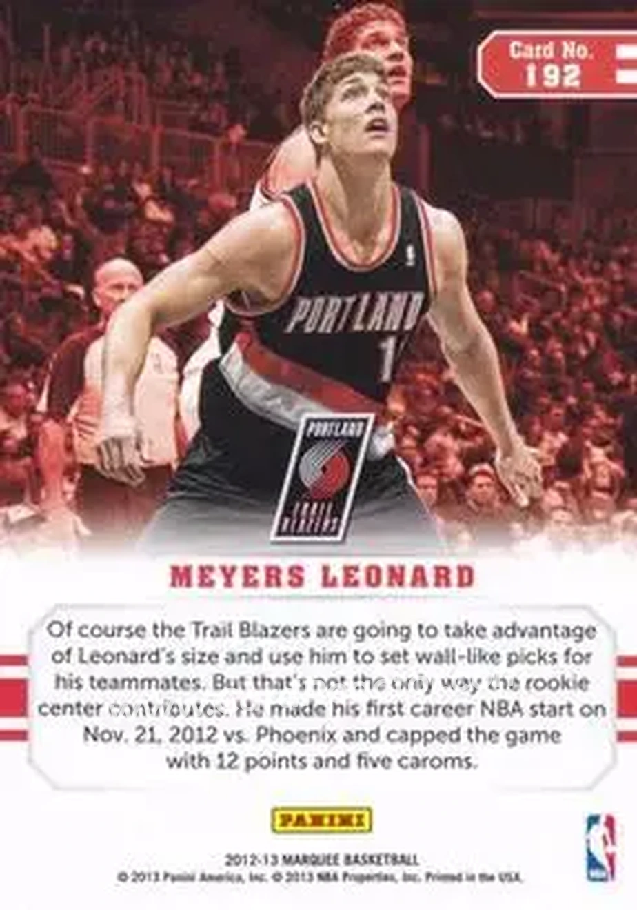 2012-13 Panini Marquee #192 - Meyers Leonard - Portland Trail Blazers - Back 2012-13 Panini Marquee #192 - Meyers Leonard - Portland Trail Blazers - Back