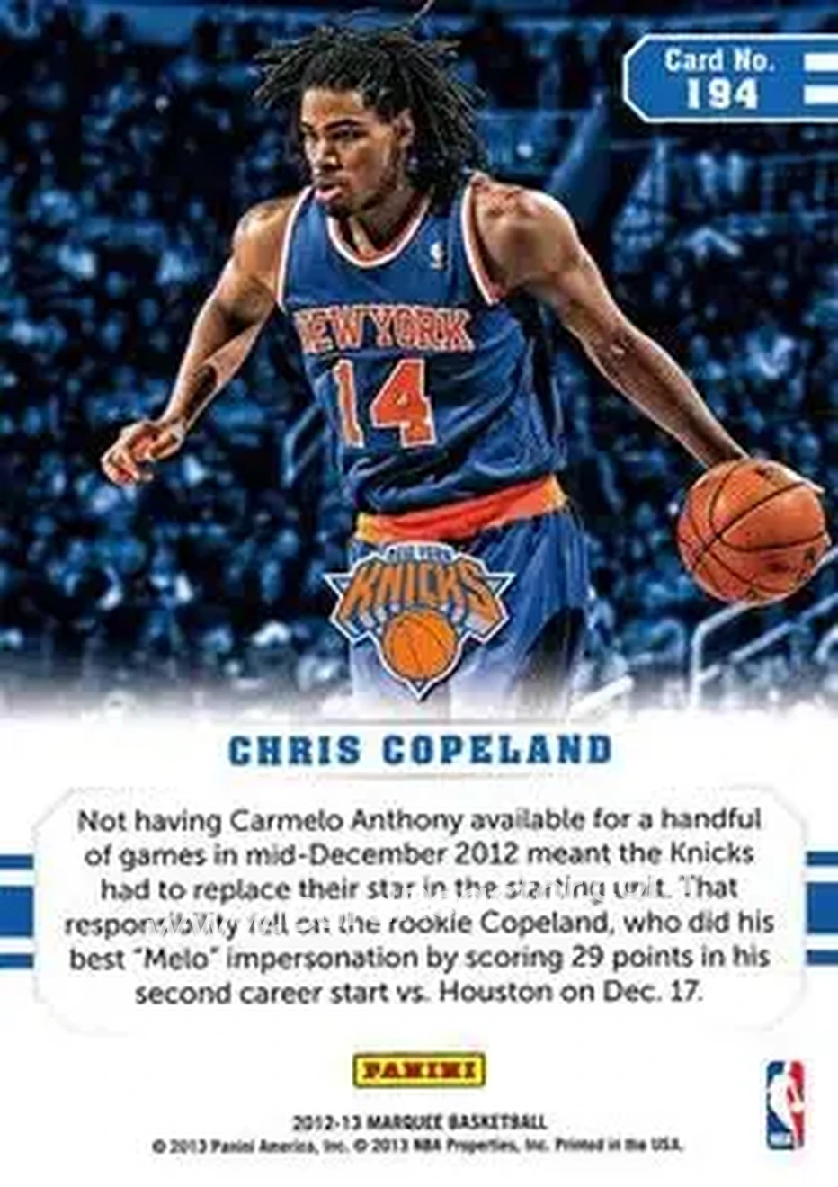 2012-13 Panini Marquee #194 - Chris Copeland - New York Knicks - Back 2012-13 Panini Marquee #194 - Chris Copeland - New York Knicks - Back