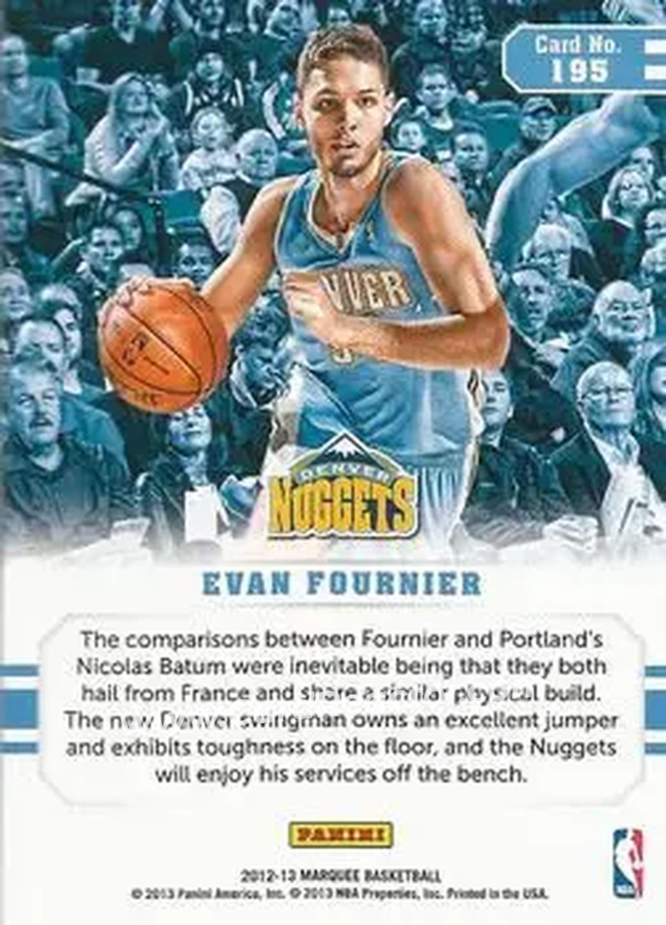 2012-13 Panini Marquee #195 - Evan Fournier - Denver Nuggets - Back