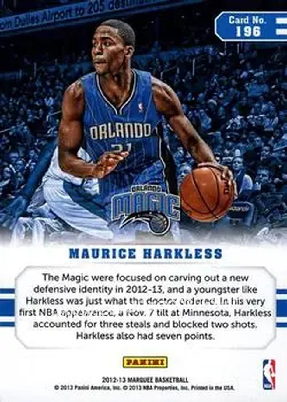 2012-13 Panini Marquee #196 - Maurice Harkless - Orlando Magic - Back 2012-13 Panini Marquee #196 - Maurice Harkless - Orlando Magic - Back