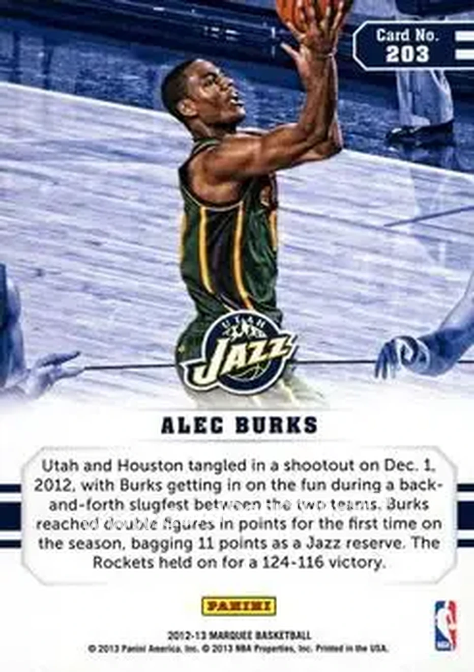 2012-13 Panini Marquee #203 - Alec Burks - Utah Jazz - Back