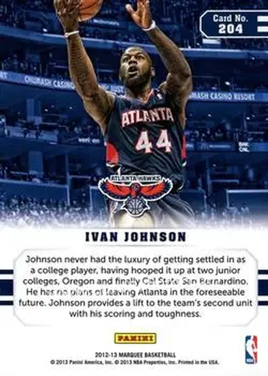 2012-13 Panini Marquee #204 - Ivan Johnson - Atlanta Hawks - Back