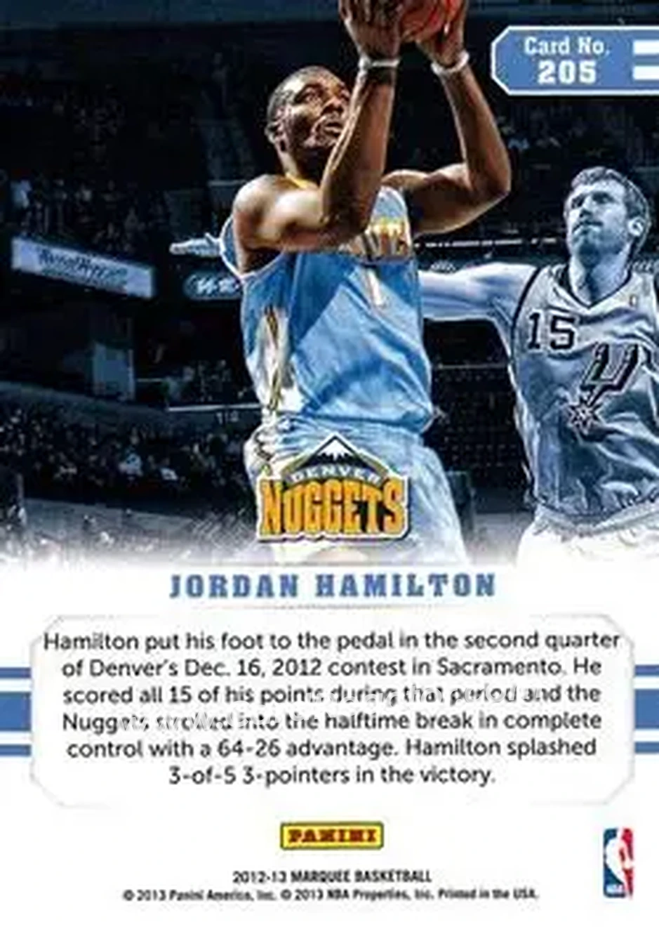 2012-13 Panini Marquee #205 - Jordan Hamilton - Denver Nuggets - Back 2012-13 Panini Marquee #205 - Jordan Hamilton - Denver Nuggets - Back