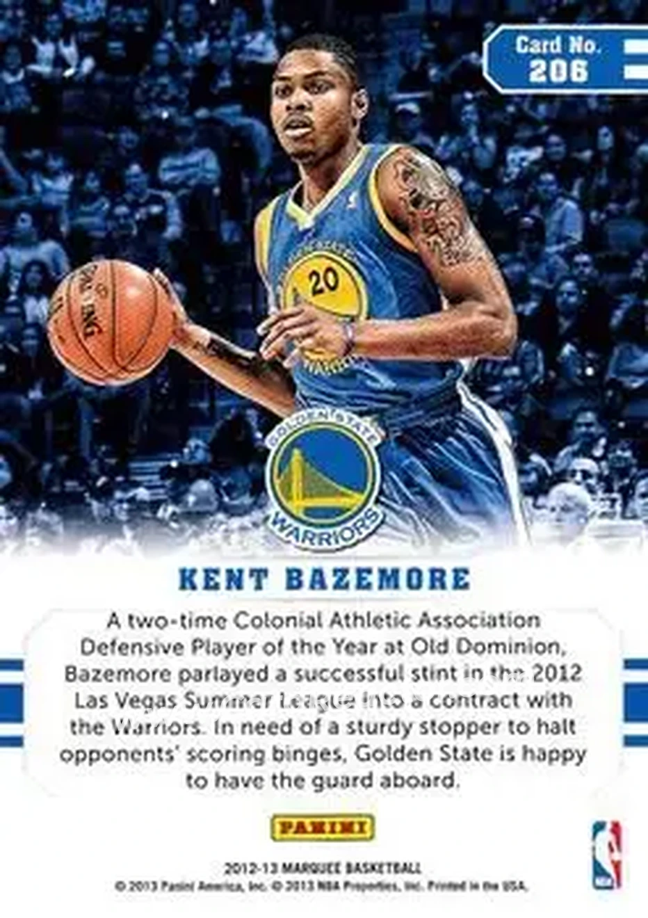 2012-13 Panini Marquee #206 - Kent Bazemore - Golden State Warriors - Back 2012-13 Panini Marquee #206 - Kent Bazemore - Golden State Warriors - Back
