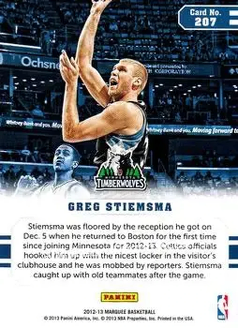 2012-13 Panini Marquee #207 - Greg Stiemsma - Minnesota Timberwolves - Back 2012-13 Panini Marquee #207 - Greg Stiemsma - Minnesota Timberwolves - Back