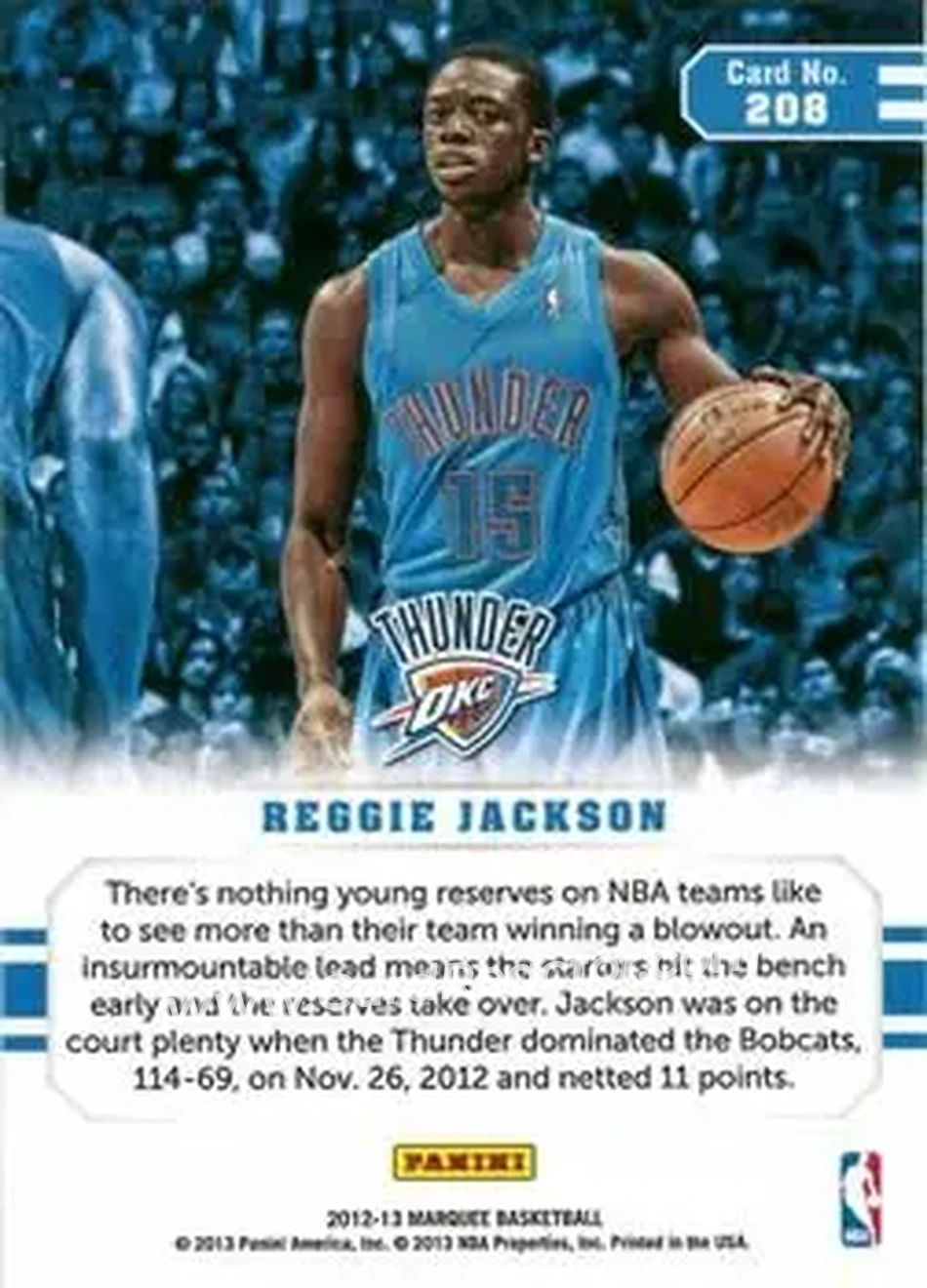 2012-13 Panini Marquee #208 - Reggie Jackson - Oklahoma City Thunder - Back