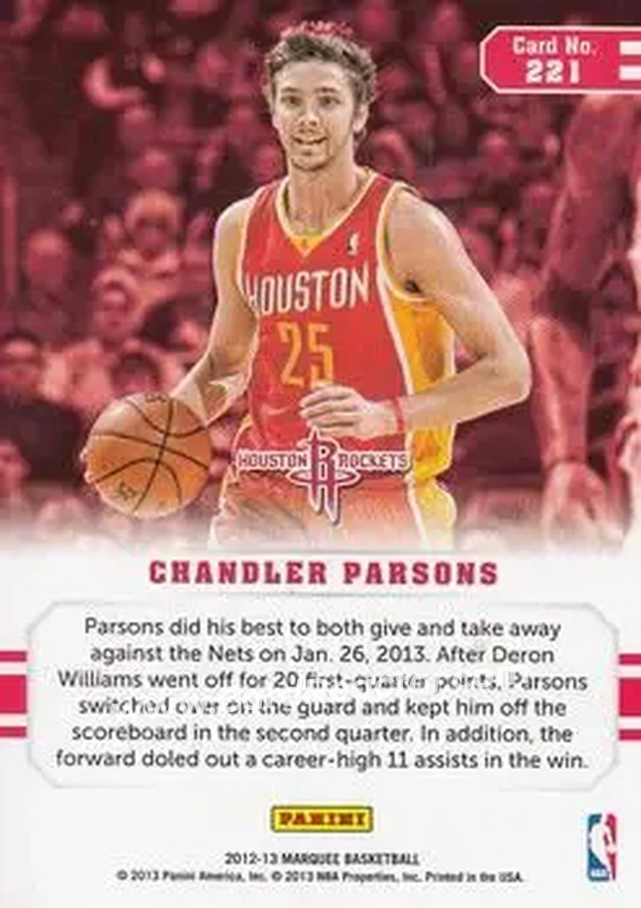 2012-13 Panini Marquee #221 - Chandler Parsons - Houston Rockets - Back 2012-13 Panini Marquee #221 - Chandler Parsons - Houston Rockets - Back