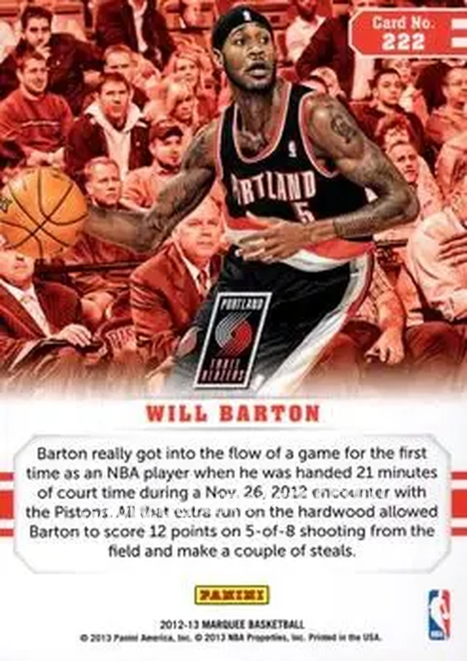 2012-13 Panini Marquee #222 - Will Barton - Portland Trail Blazers - Back