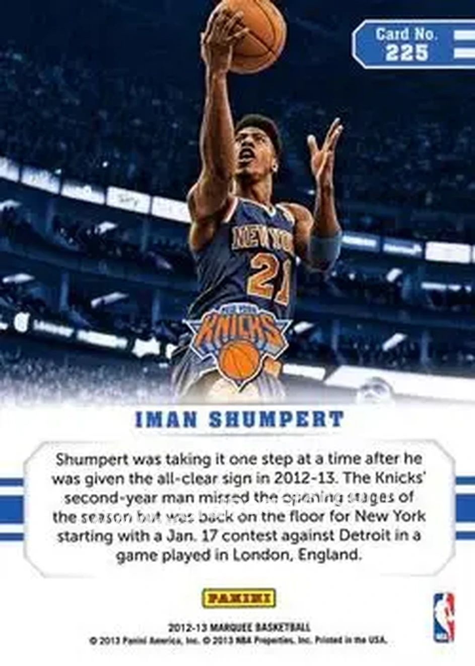 2012-13 Panini Marquee #225 - Iman Shumpert - New York Knicks - Back 2012-13 Panini Marquee #225 - Iman Shumpert - New York Knicks - Back
