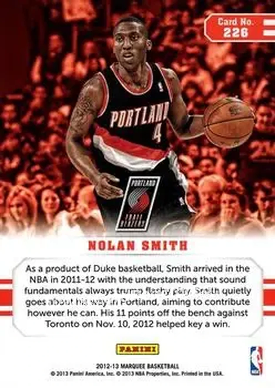2012-13 Panini Marquee #226 - Nolan Smith - Portland Trail Blazers - Back 2012-13 Panini Marquee #226 - Nolan Smith - Portland Trail Blazers - Back