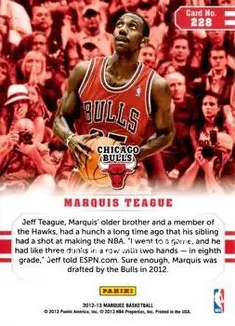 2012-13 Panini Marquee #228 - Marquis Teague - Chicago Bulls - Back 2012-13 Panini Marquee #228 - Marquis Teague - Chicago Bulls - Back