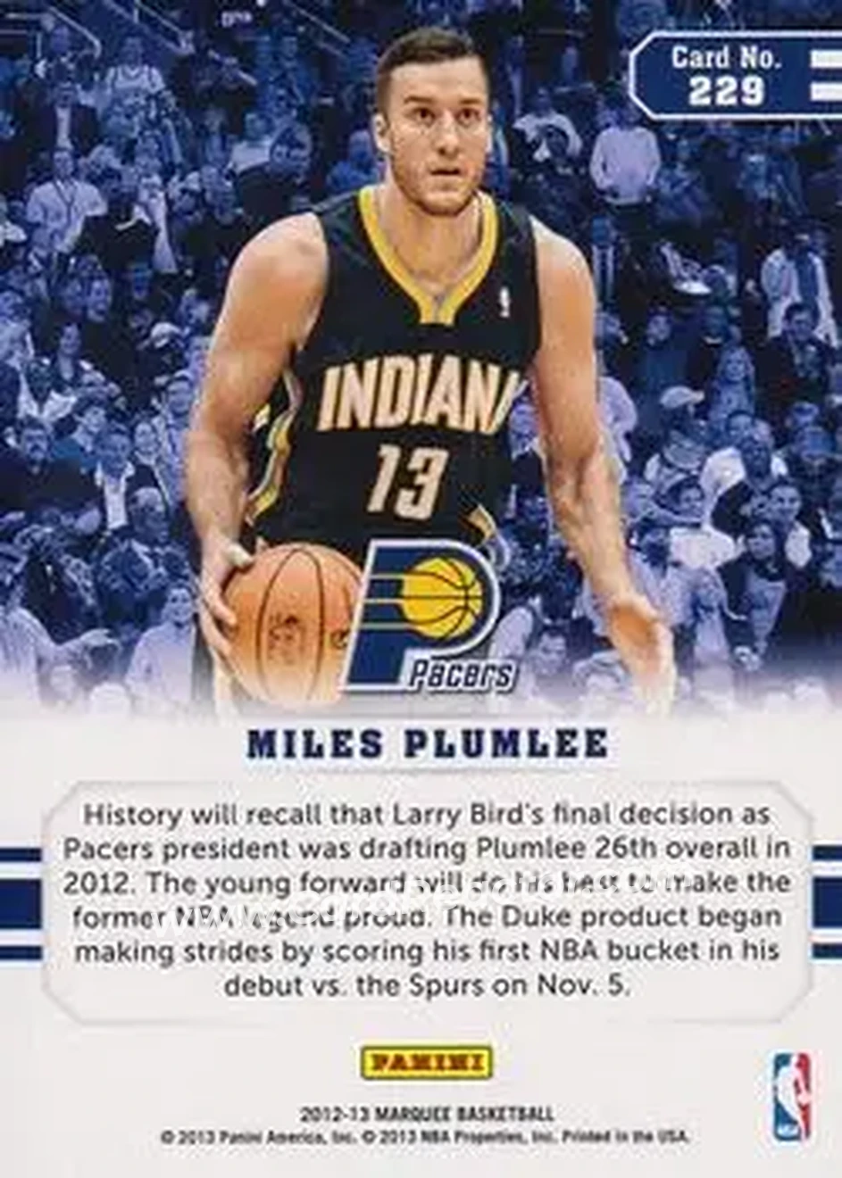 2012-13 Panini Marquee #229 - Miles Plumlee - Indiana Pacers - Back