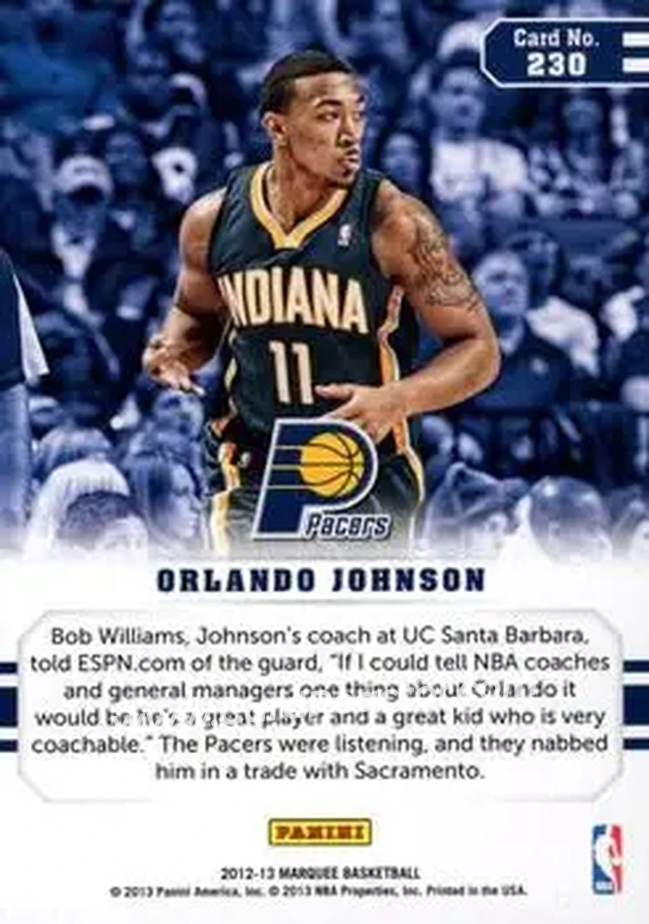 2012-13 Panini Marquee #230 - Orlando Johnson - Indiana Pacers - Back