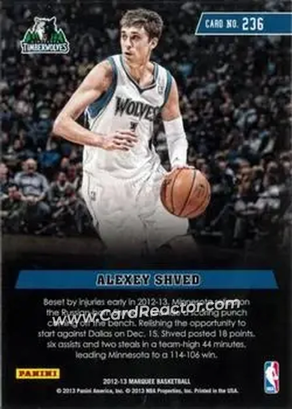 2012-13 Panini Marquee #236 - Alexey Shved - Minnesota Timberwolves - Back