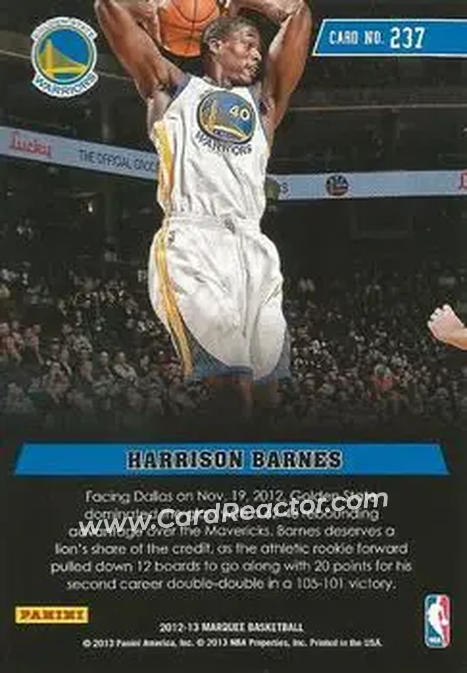 2012-13 Panini Marquee #237 - Harrison Barnes - Golden State Warriors - Back 2012-13 Panini Marquee #237 - Harrison Barnes - Golden State Warriors - Back
