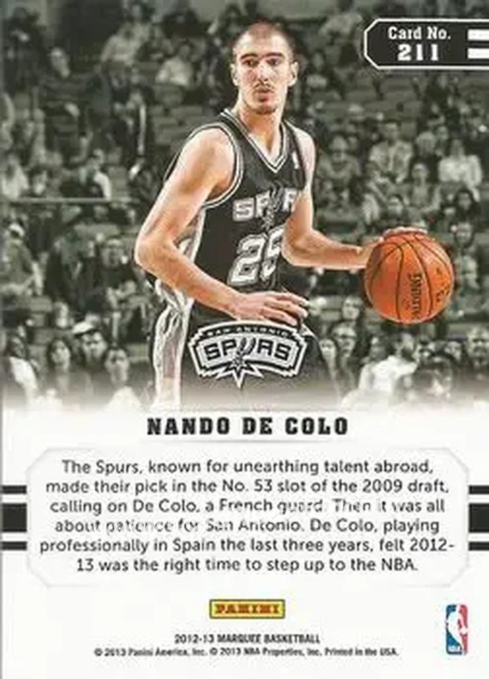 2012-13 Panini Marquee #211 - Nando De Colo - San Antonio Spurs - Back