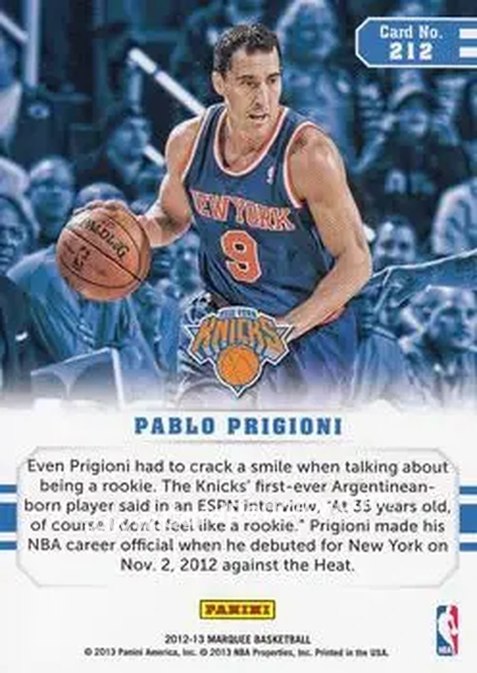 2012-13 Panini Marquee #212 - Pablo Prigioni - New York Knicks - Back 2012-13 Panini Marquee #212 - Pablo Prigioni - New York Knicks - Back