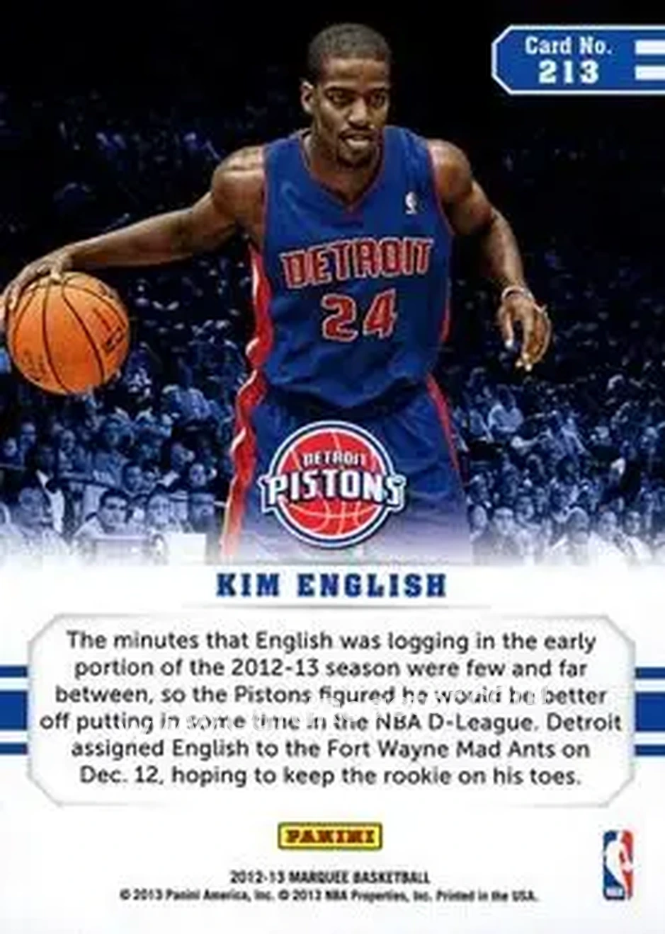 2012-13 Panini Marquee #213 - Kim English - Detroit Pistons - Back
