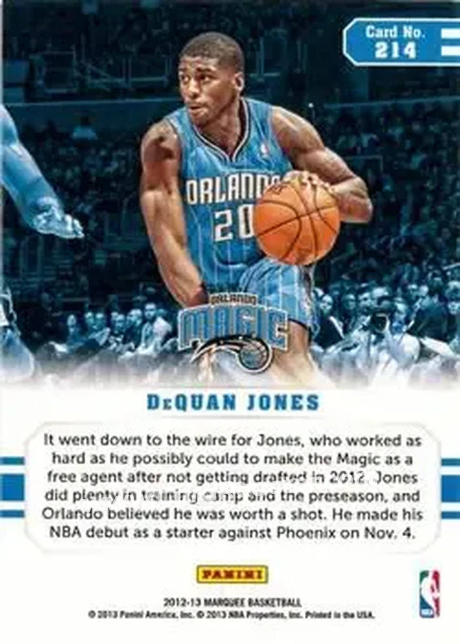 2012-13 Panini Marquee #214 - DeQuan Jones - Orlando Magic - Back