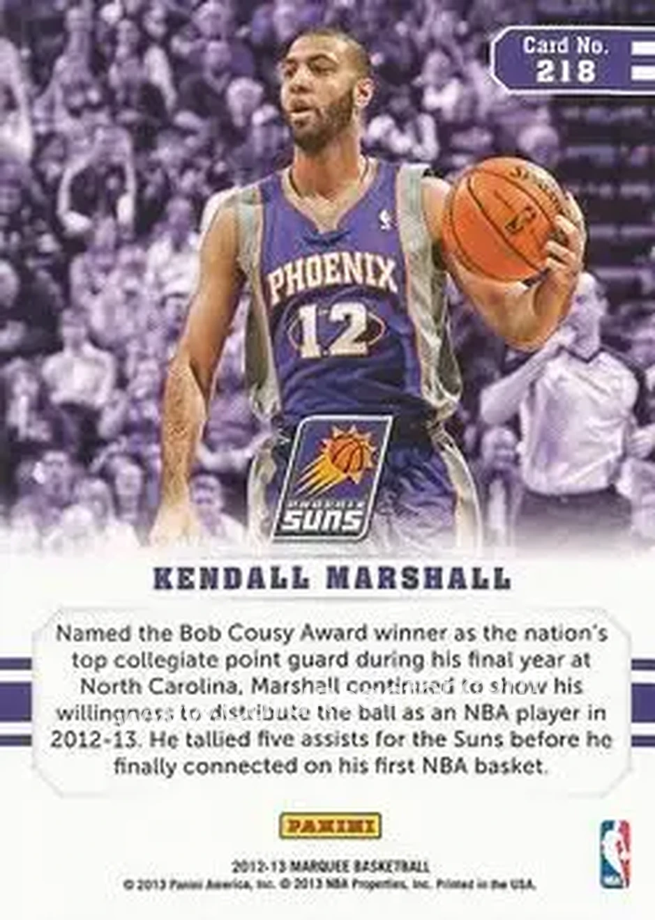 2012-13 Panini Marquee #218 - Kendall Marshall - Phoenix Suns - Back