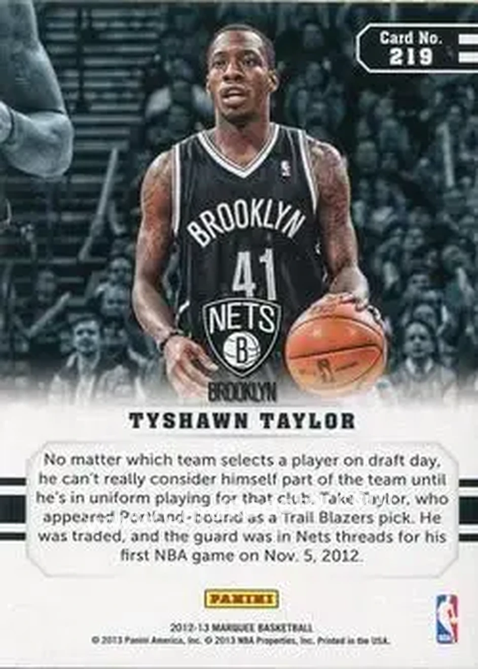 2012-13 Panini Marquee #219 - Tyshawn Taylor - Brooklyn Nets - Back