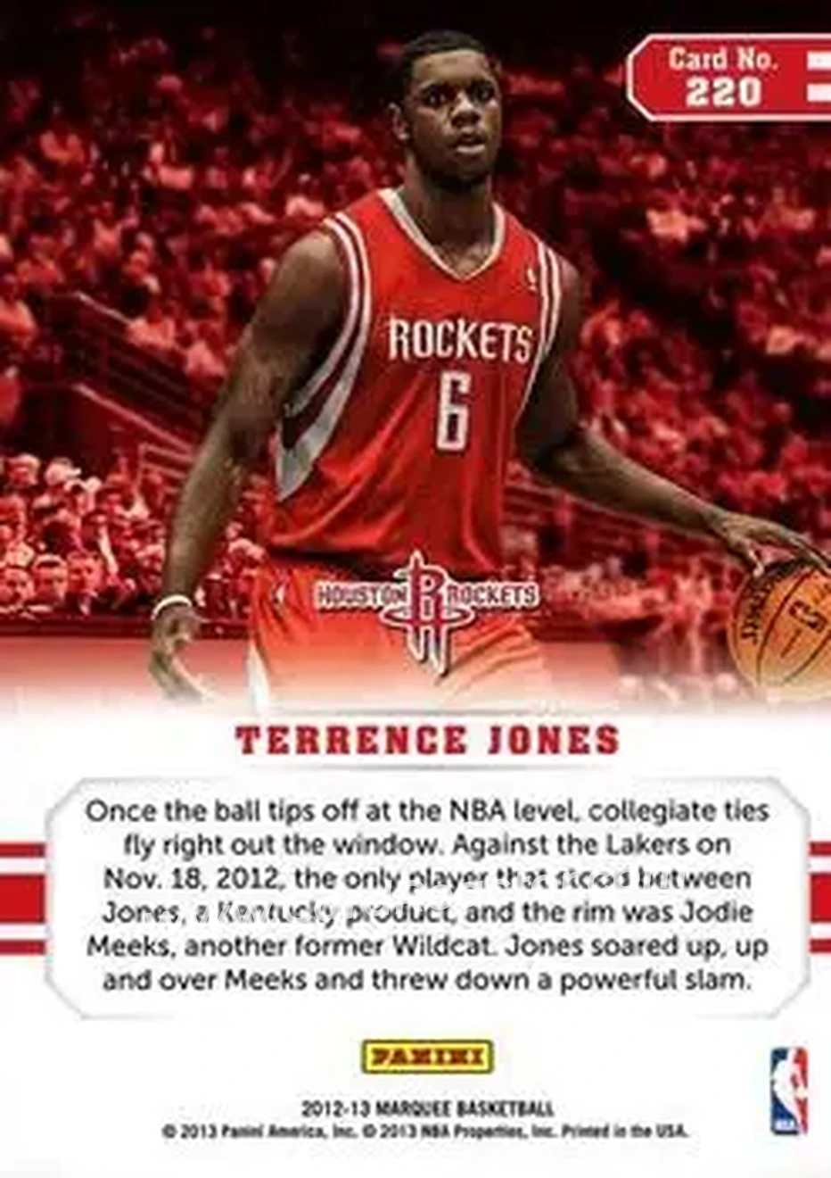 2012-13 Panini Marquee #220 - Terrence Jones - Houston Rockets - Back