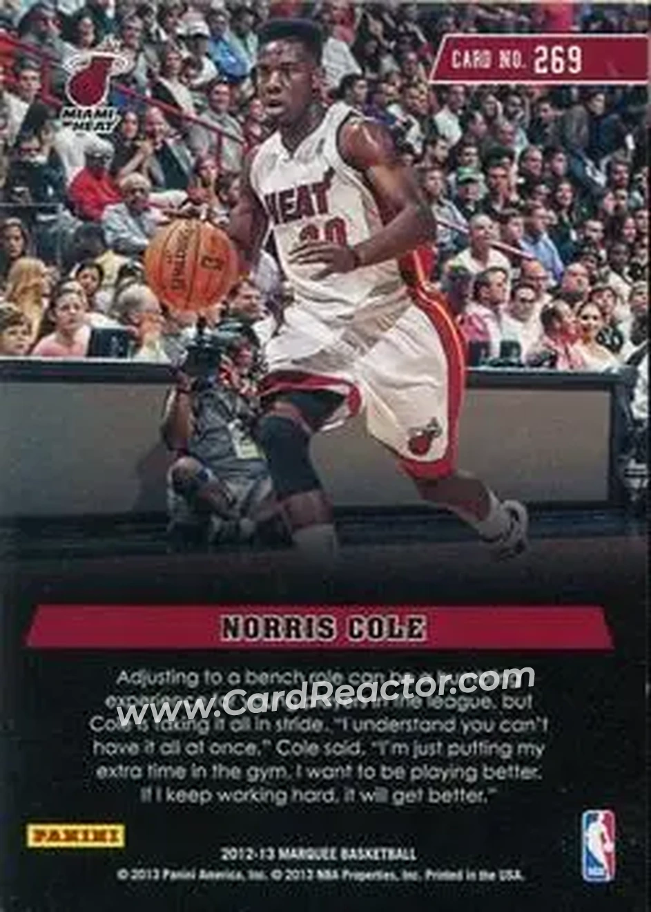 2012-13 Panini Marquee #269 - Norris Cole - Miami Heat - Back