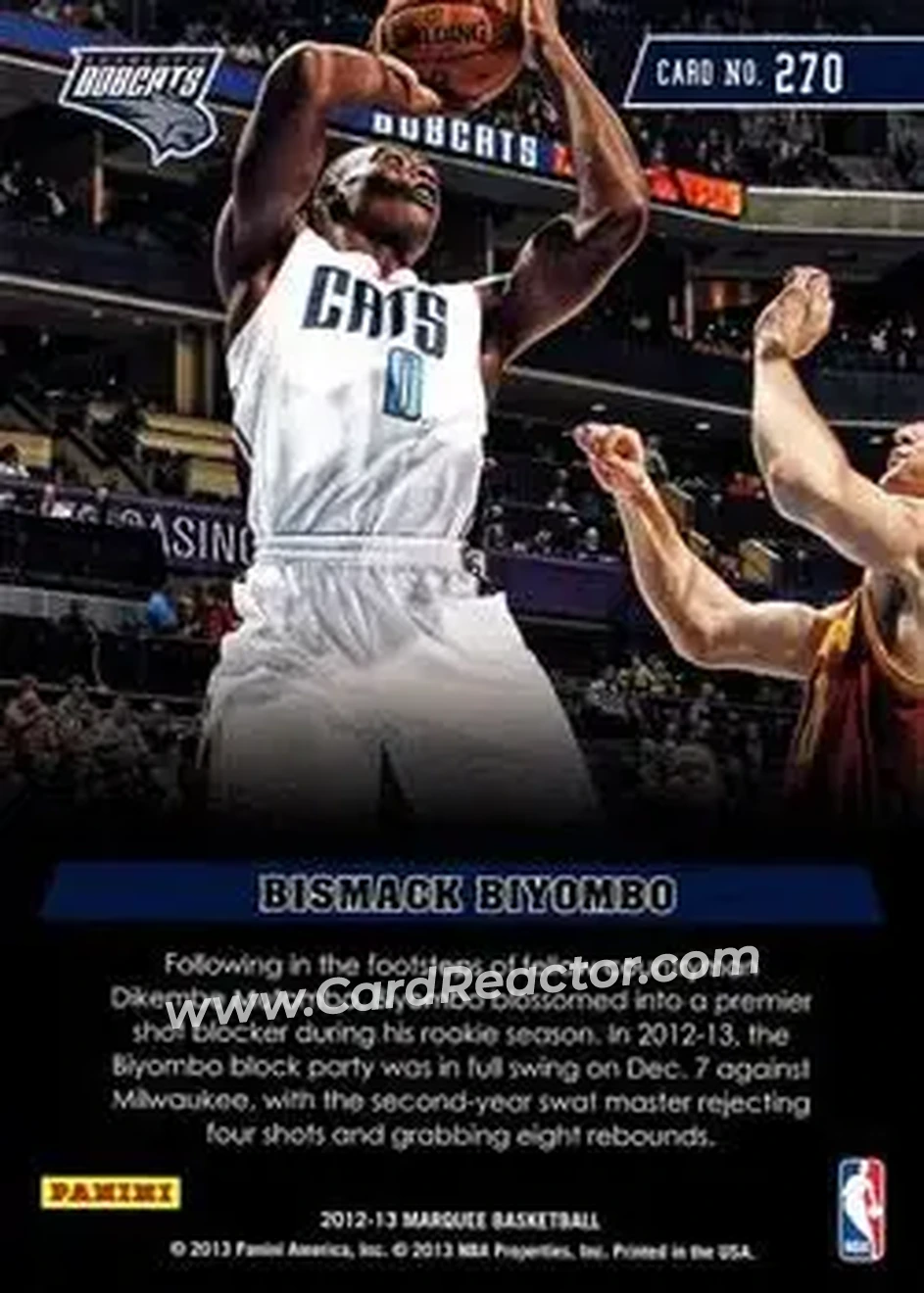 2012-13 Panini Marquee #270 - Bismack Biyombo - Charlotte Bobcats - Back