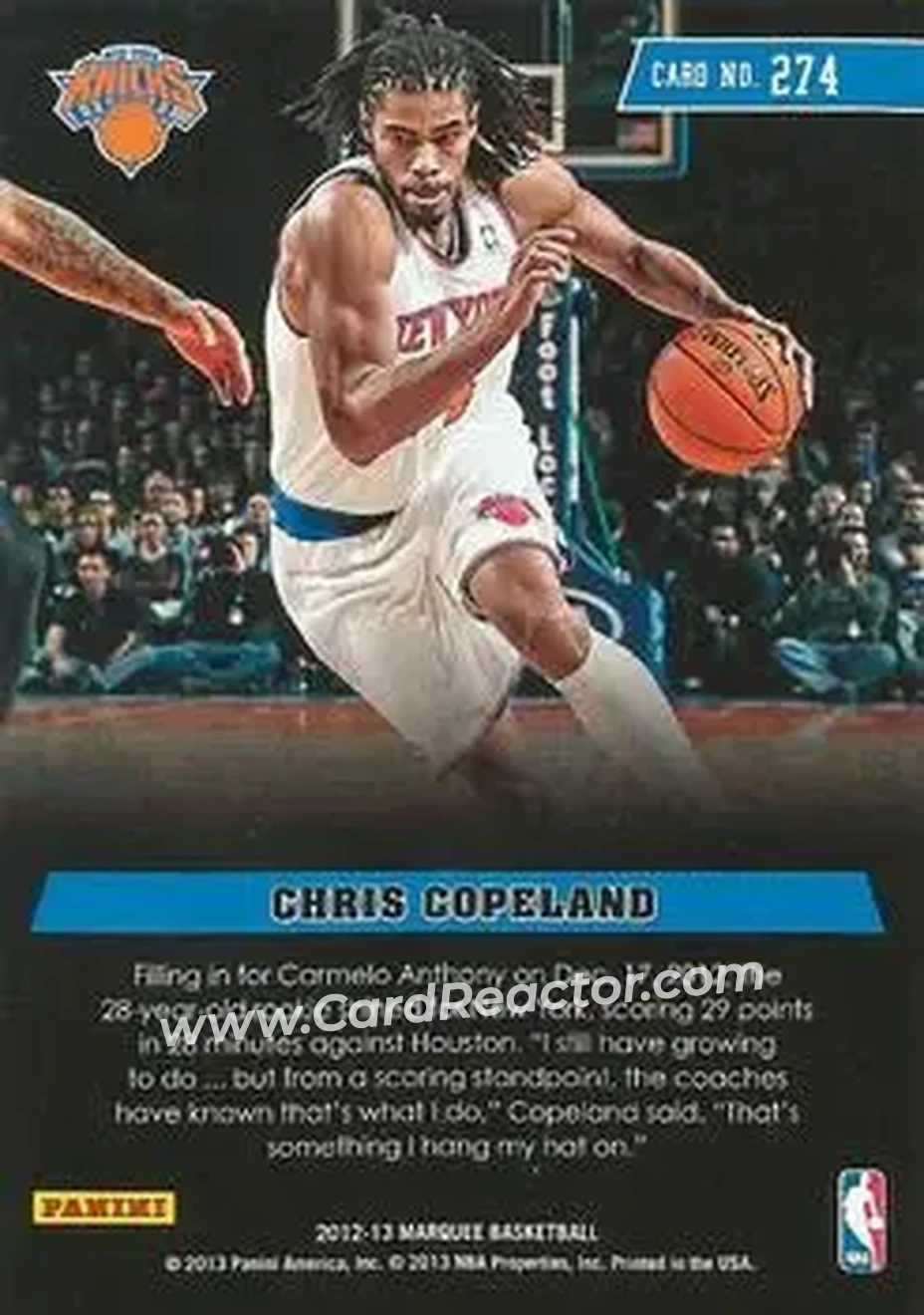 2012-13 Panini Marquee #274 - Chris Copeland - New York Knicks - Back 2012-13 Panini Marquee #274 - Chris Copeland - New York Knicks - Back