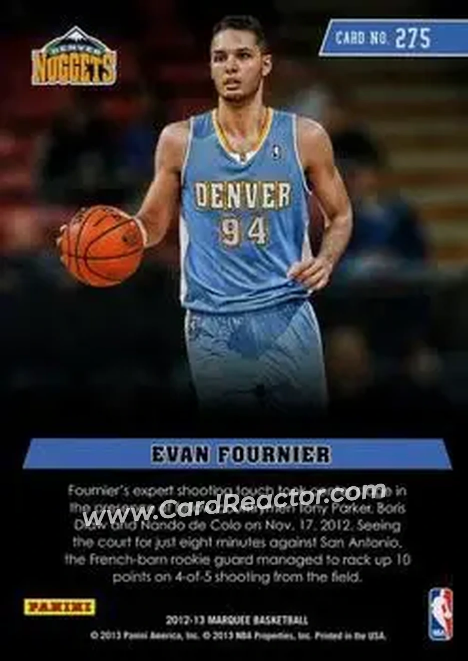 2012-13 Panini Marquee #275 - Evan Fournier - Denver Nuggets - Back