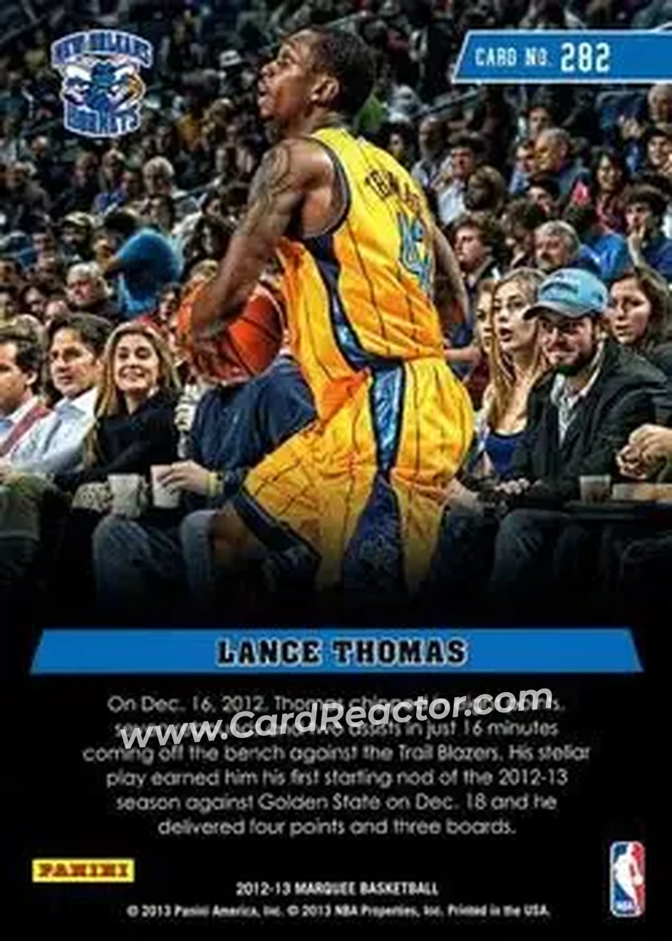 2012-13 Panini Marquee #282 - Lance Thomas - New Orleans Hornets - Back
